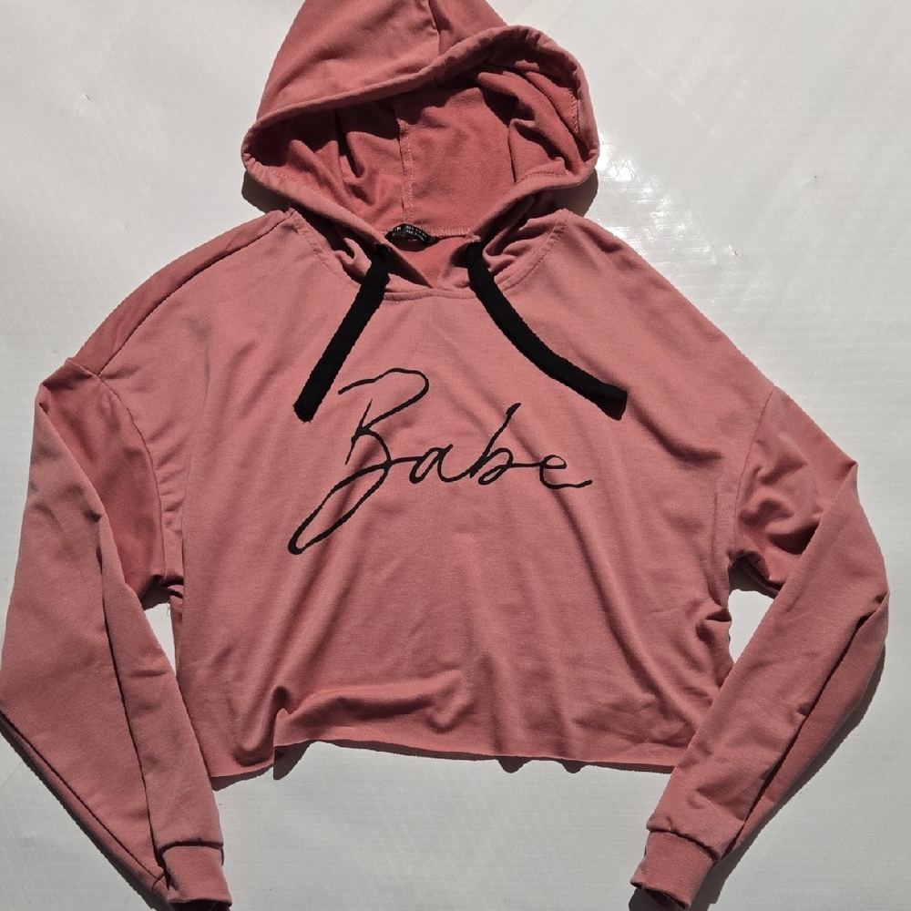 SHEIN Pink 'Babe' Cropped Hoodie with Black Drawstrings